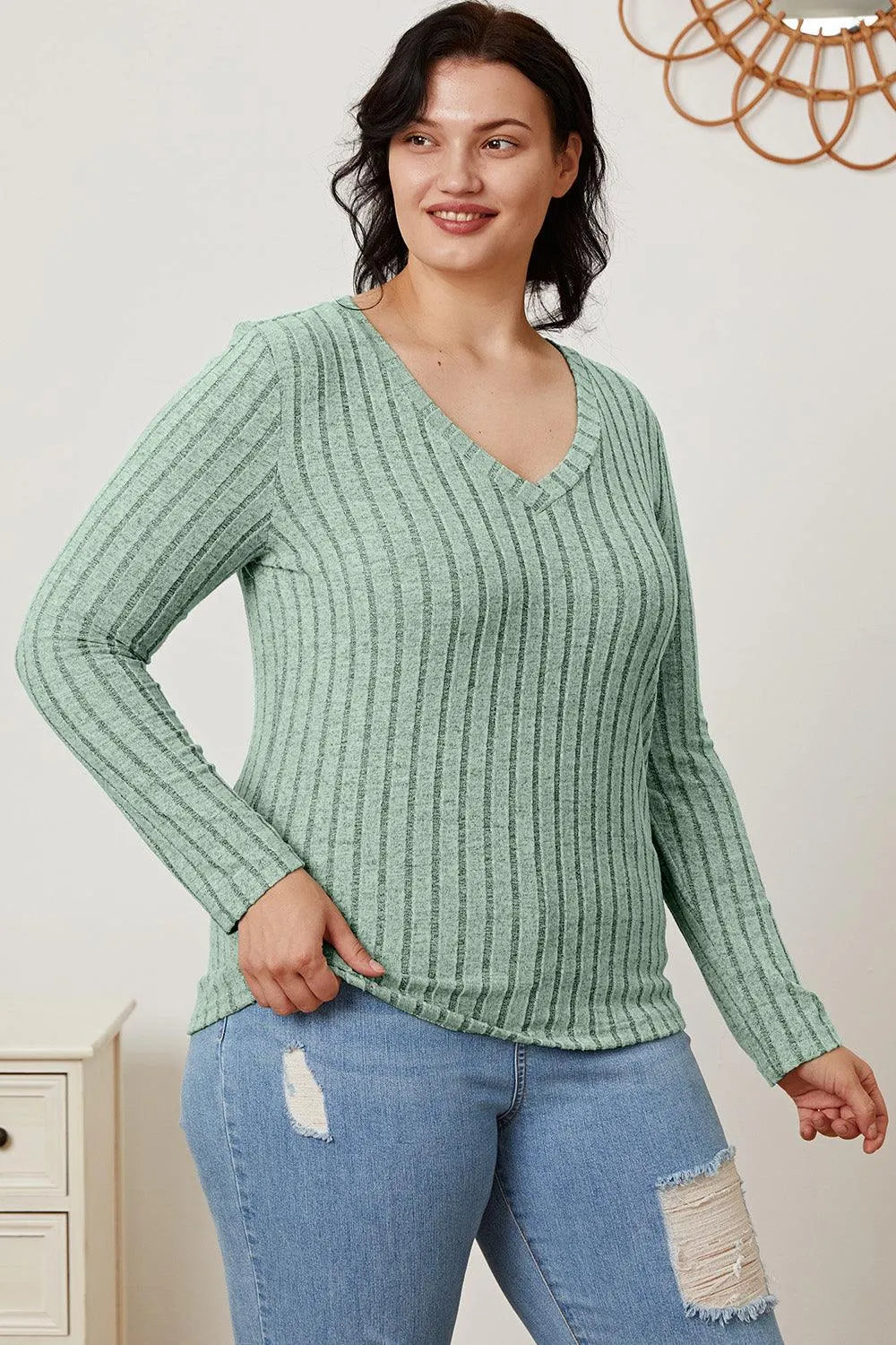 Basic Bae Full Size Ribbed V-Neck Long Sleeve T-Shirt - 6i6