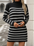 Striped Mock Neck Long Sleeve Mini Dress - 6i6