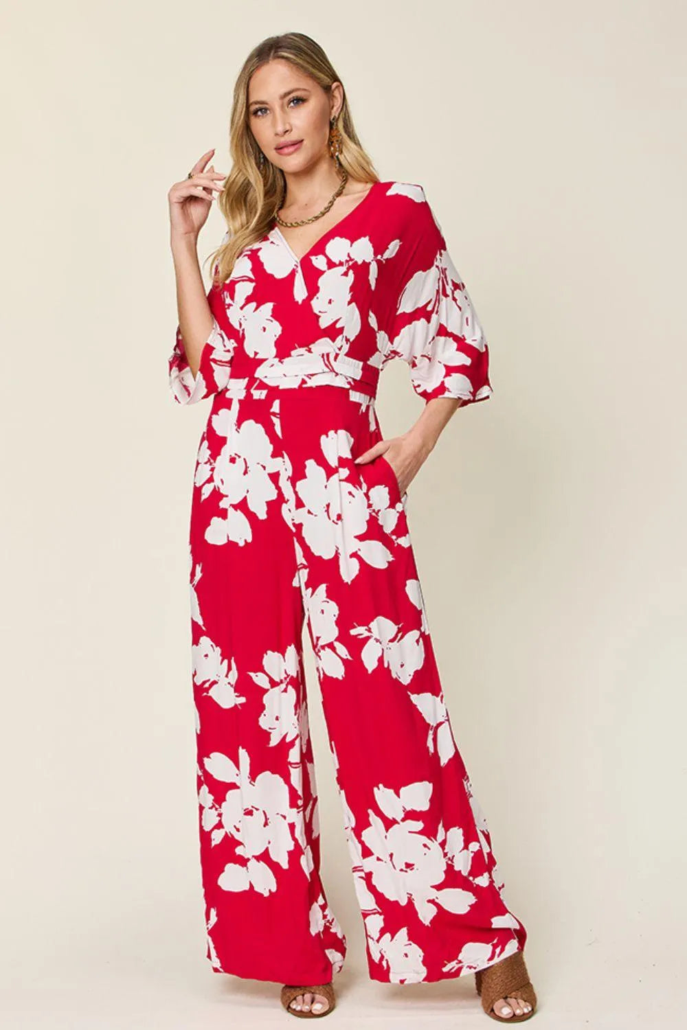 Double Take Full Size Printed Tie Back Wide Leg Jumpsuit - 6i6