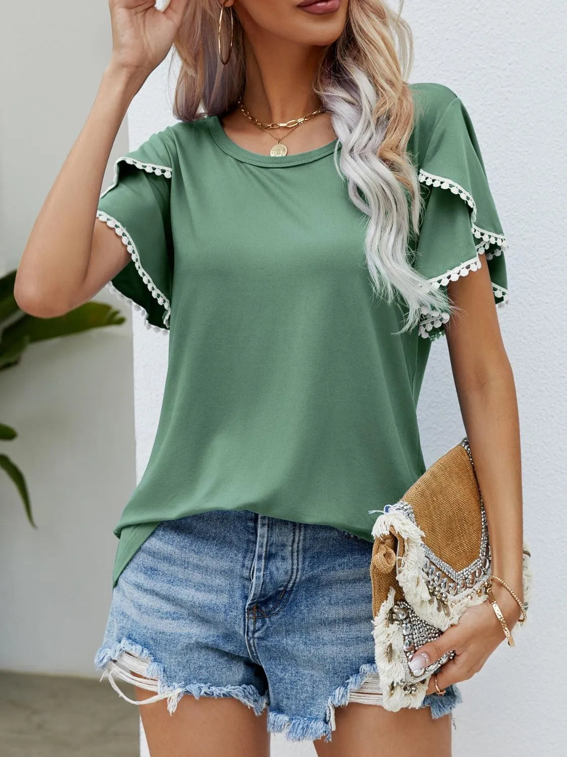 Pom-Pom Trim Flutter Sleeve Round Neck T-Shirt - 6i6