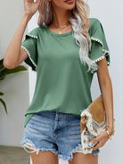 Pom-Pom Trim Flutter Sleeve Round Neck T-Shirt - 6i6