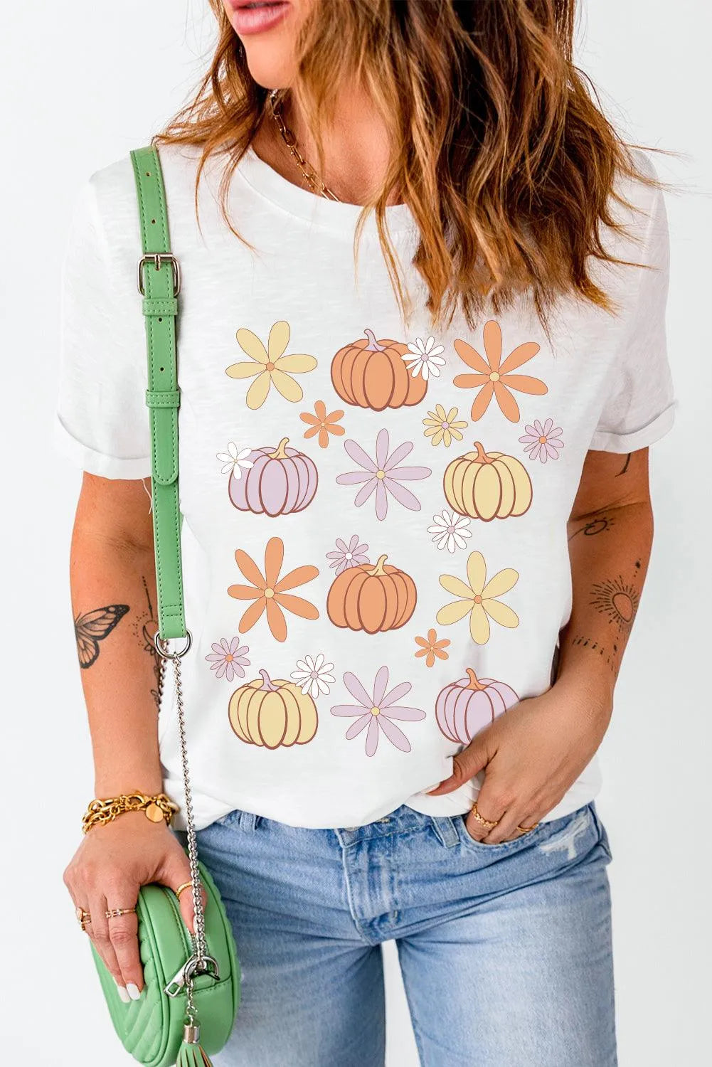 Pumpkin & Flower Round Neck Short Sleeve T-Shirt - 6i6