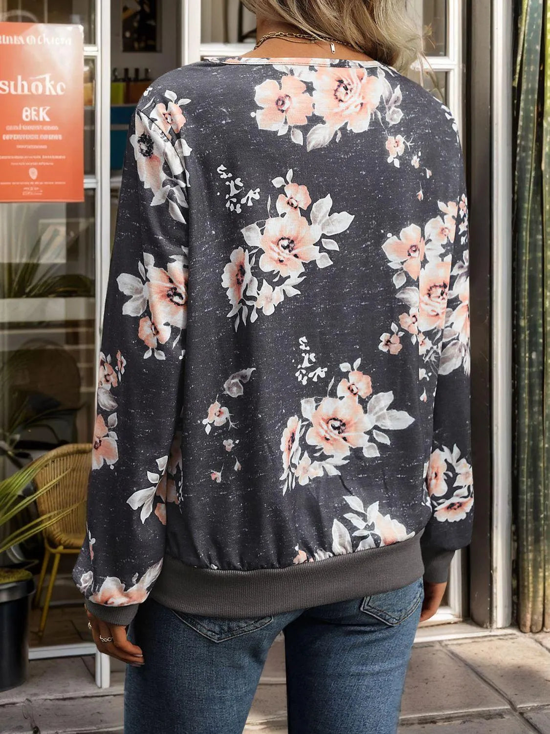 Printed V-Neck Long Sleeve Sweatshirt - 6i6