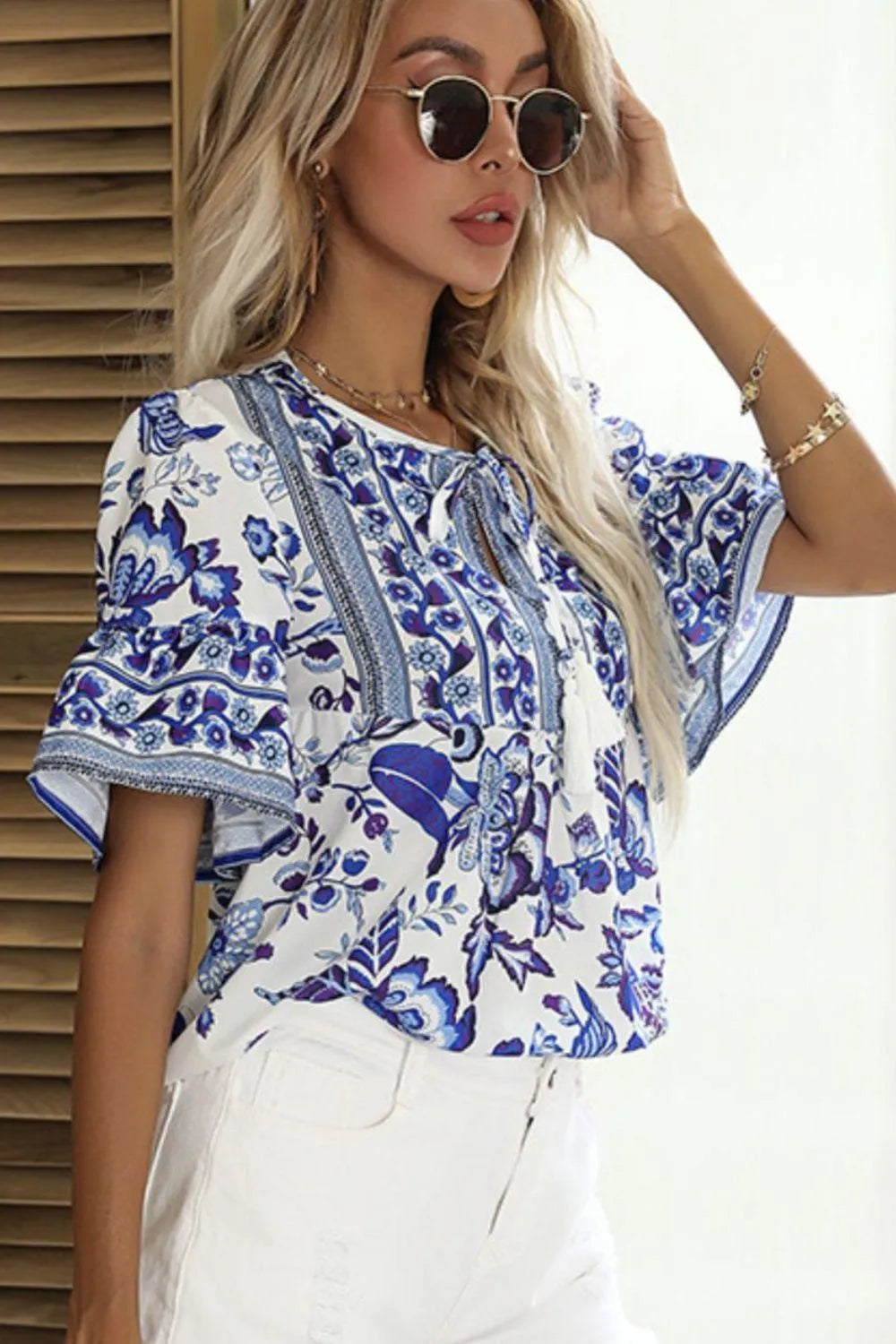 Printed Buttoned Flounce Sleeve Blouse - 6i6