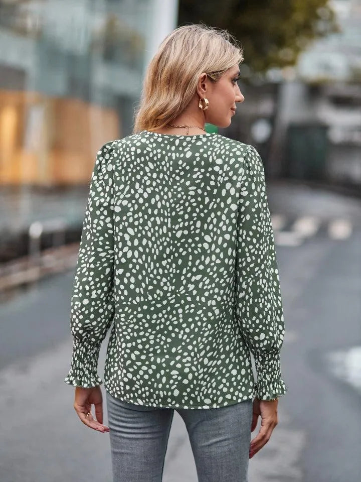 Printed V-Neck Lantern Sleeve Blouse - 6i6