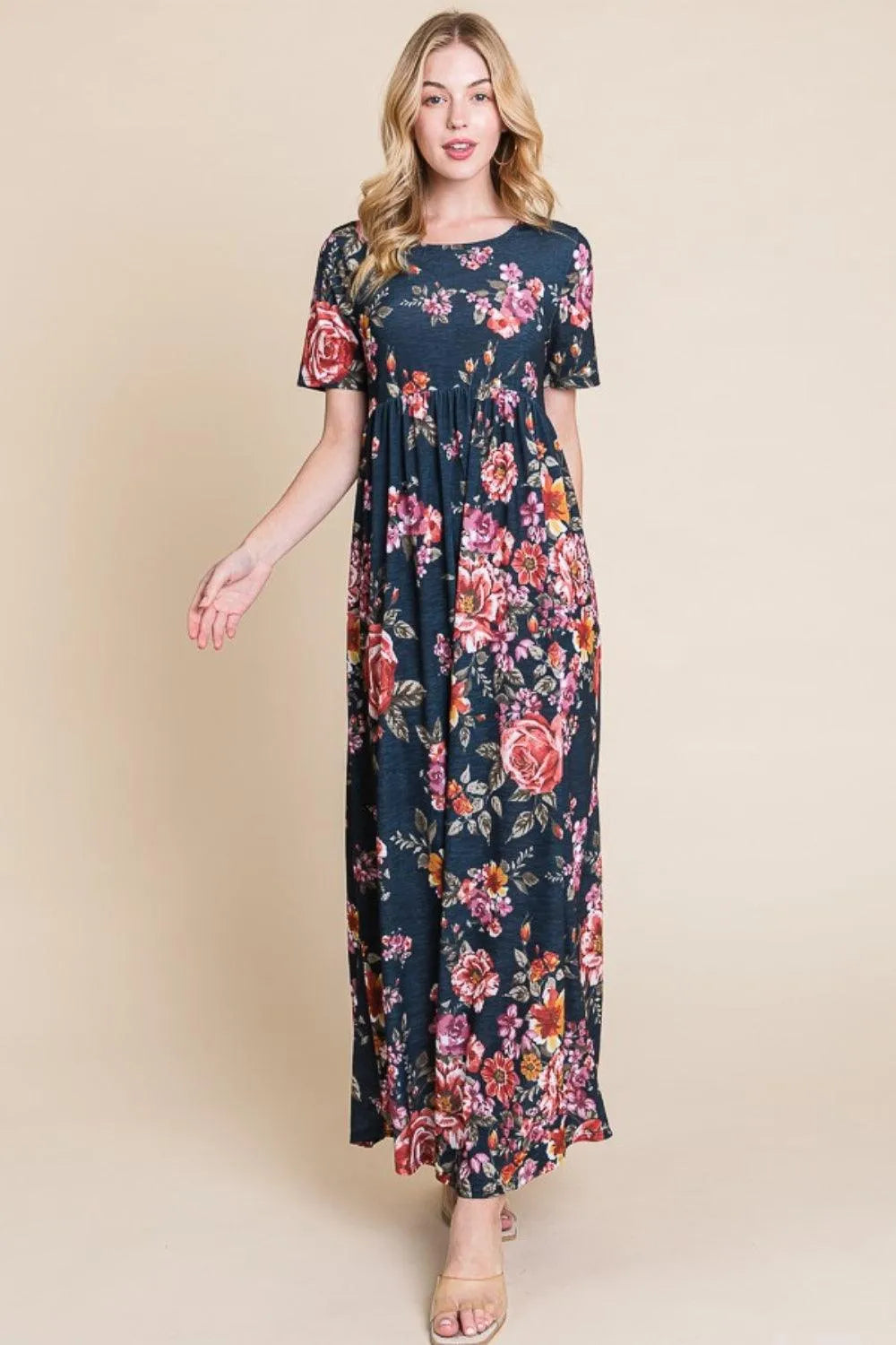 BOMBOM Floral Short Sleeve Maxi Dress - 6i6