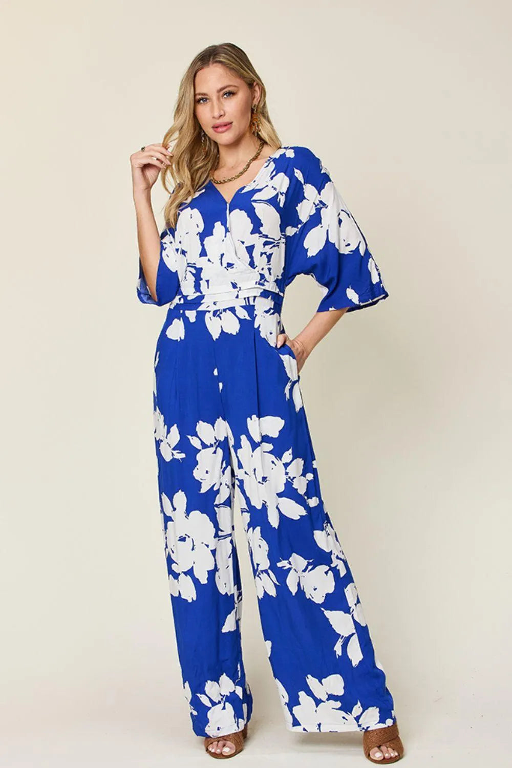 Double Take Full Size Printed Tie Back Wide Leg Jumpsuit - 6i6