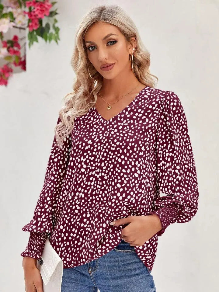 Printed V-Neck Lantern Sleeve Blouse - 6i6