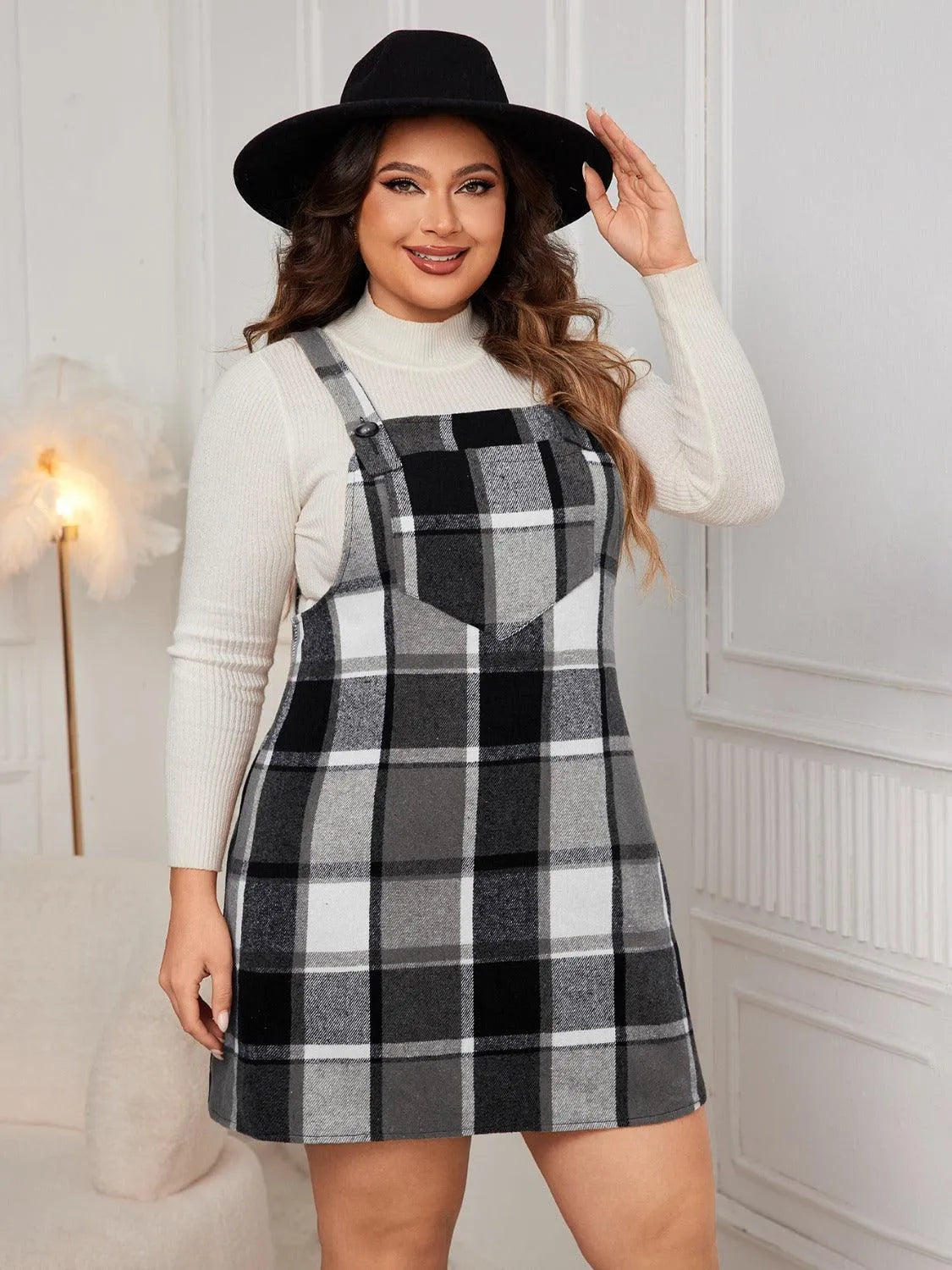 Plus Size Plaid Wide Strap Overall Dress - 6i6