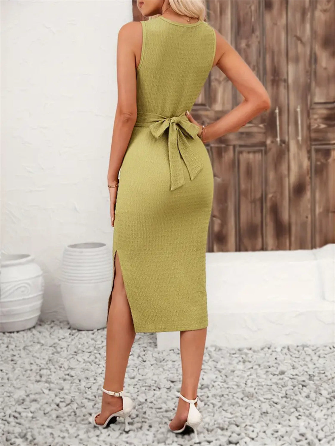 Back Tie Sleeveless Slit Midi Dress from 6i6.com, perfect for summer events and chic daytime wear.