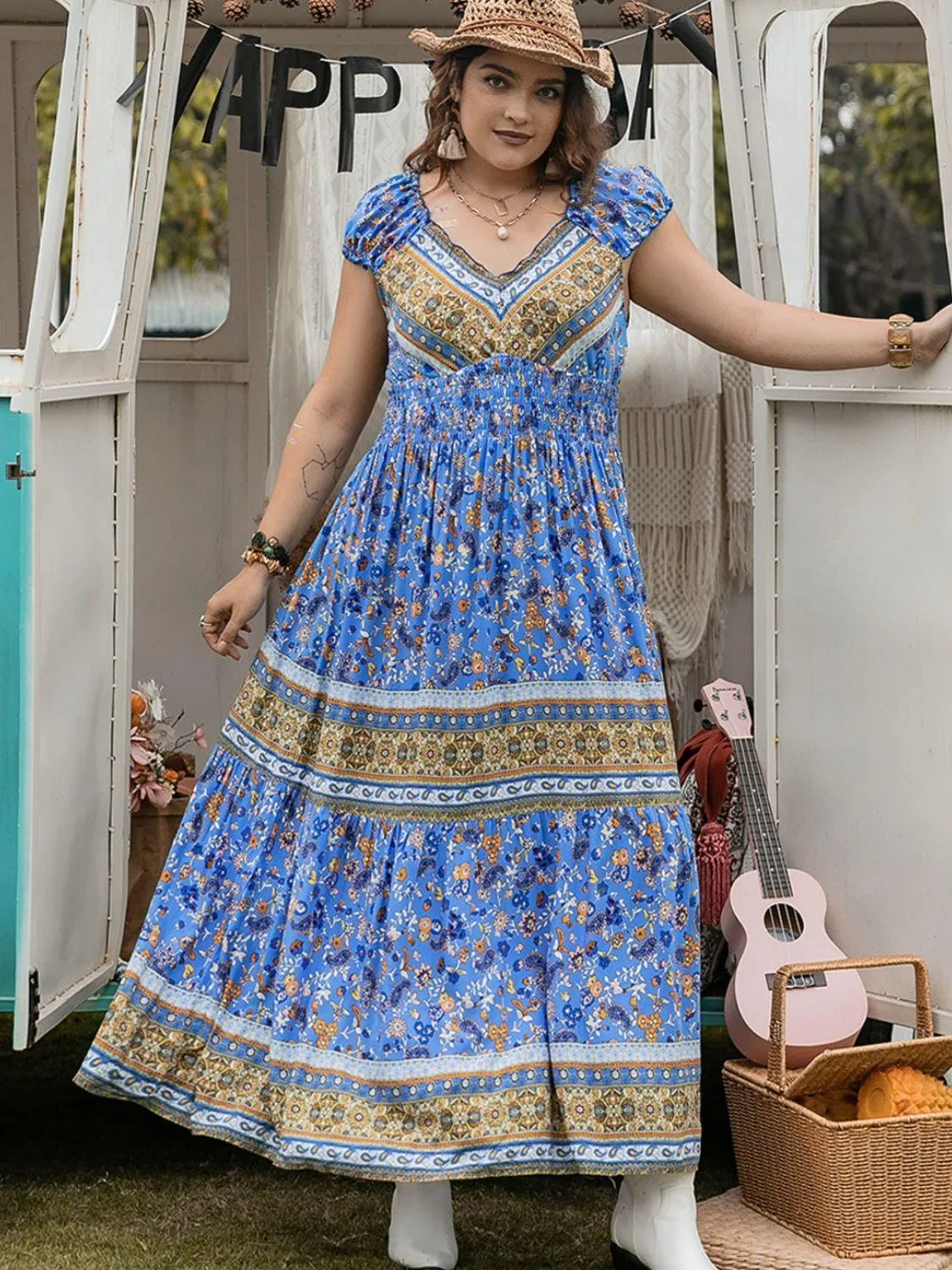 Plus Size Smocked Printed Cap Sleeve Dress - 6i6