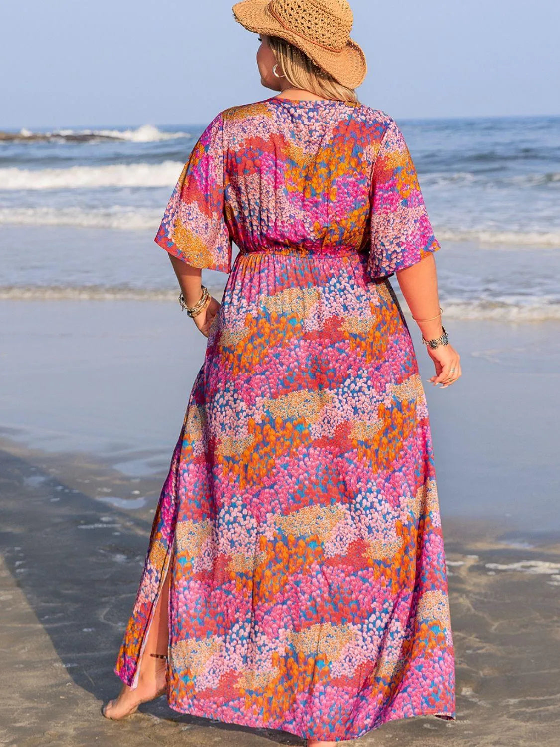 Plus Size Slit Printed Half Sleeve Dress - 6i6