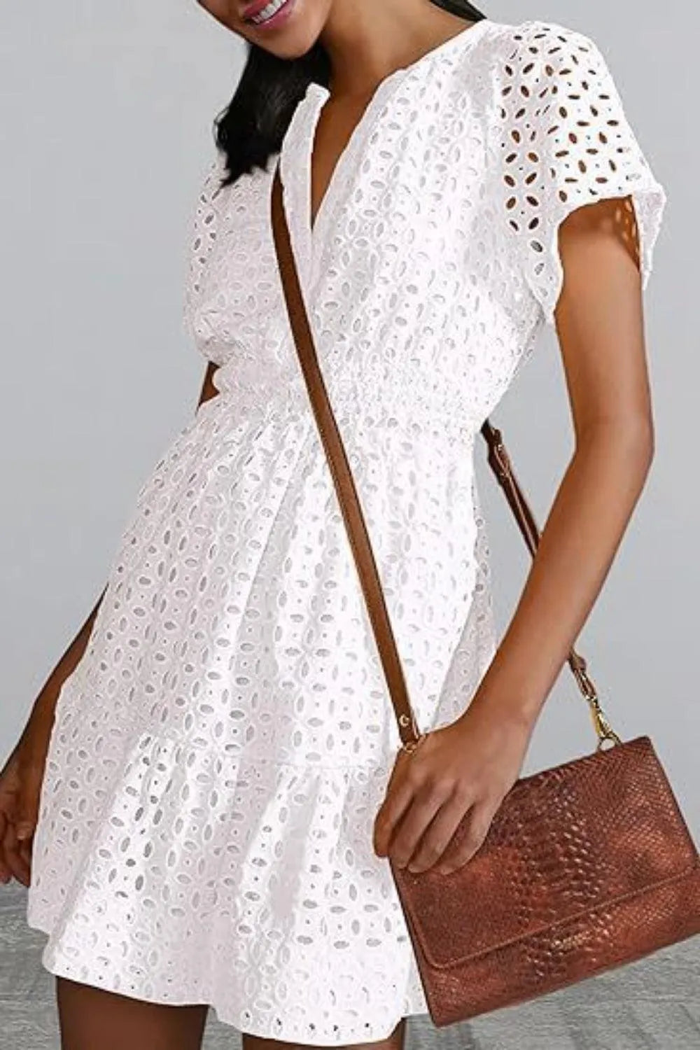 Eyelet Notched Short Sleeve Mini Dress - 6i6