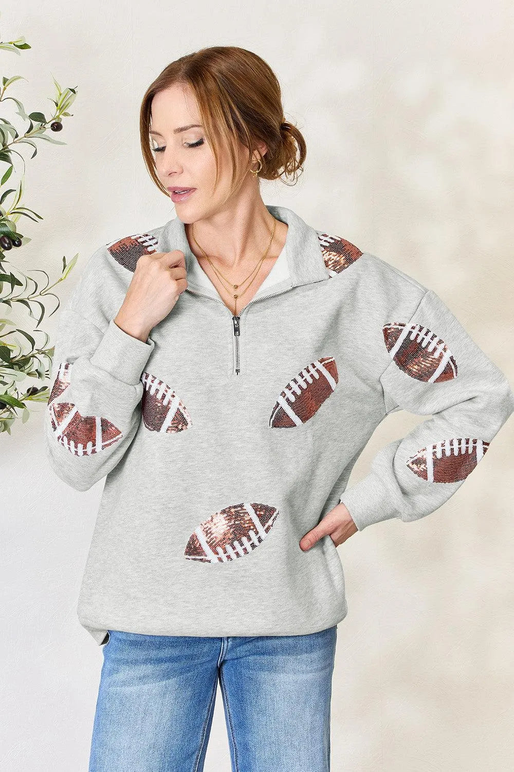 Full Size Sequin Football Half Zip Long Sleeve Sweatshirt - 6i6