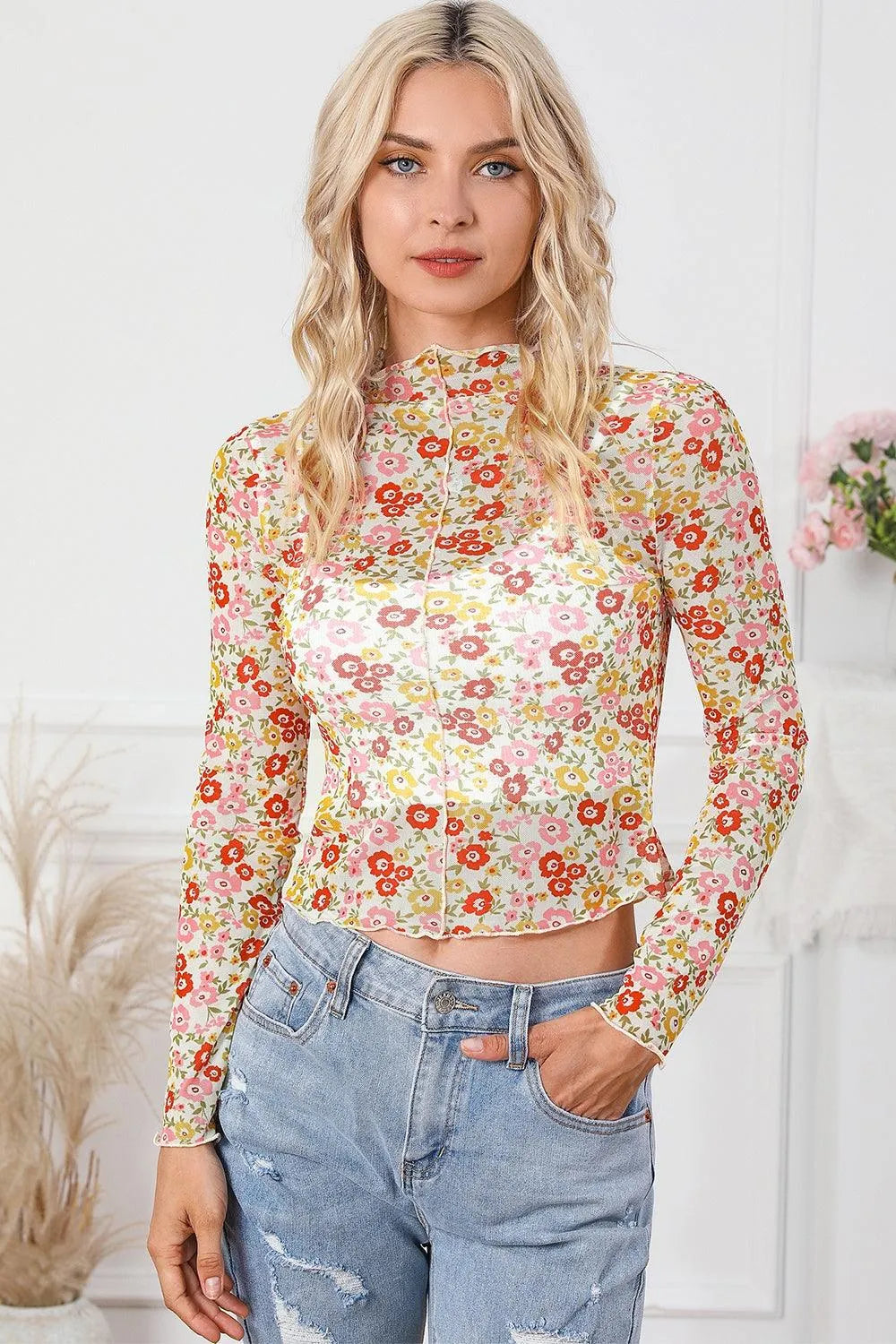 Floral Mock Neck Long Sleeve Blouse - 6i6