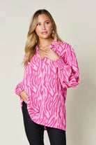 Double Take Full Size Printed Smocked Long Sleeve Blouse - 6i6