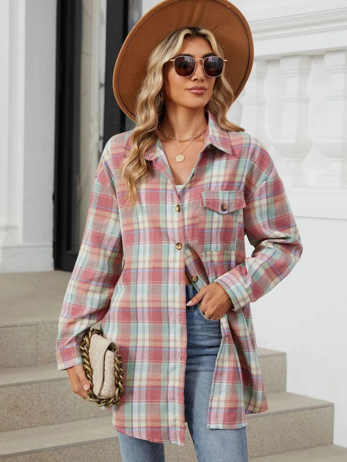 Plaid Collared Neck Long Sleeve Shirt - 6i6