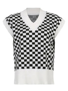 Full Size Checkered V-Neck Cap Sleeve Sweater - 6i6