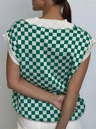 Full Size Checkered V-Neck Cap Sleeve Sweater - 6i6