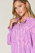 Double Take Full Size Printed Smocked Long Sleeve Blouse - 6i6