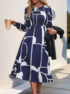 Smocked Color Block Long Sleeve Midi Dress - 6i6