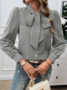 Pocketed Plaid Tie Neck Long Sleeve Shirt - 6i6