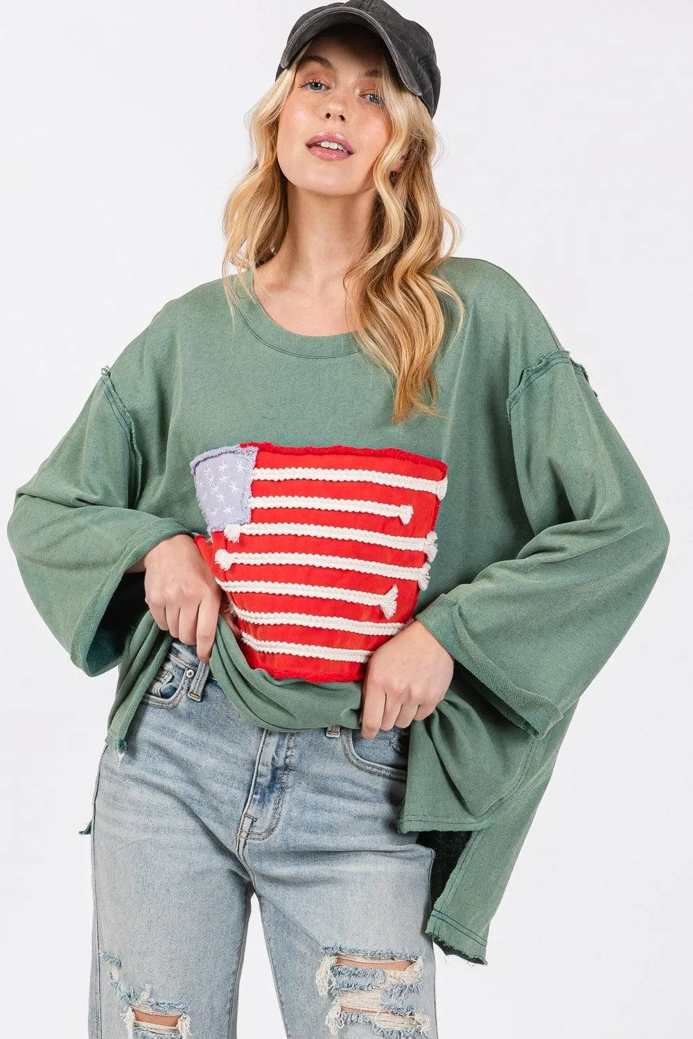 SAGE + FIG Full Size American Flag Patch Drop Shoulder T-Shirt - 6i6