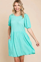 Culture Code Full Size Textured Round Neck Puff Sleeve Dress - 6i6