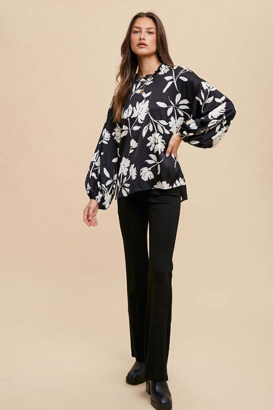 Annie Wear frill printed balloon sleeve blouse with a unique design and elegant frill details, perfect for a fashionable look, available at 6i6.com