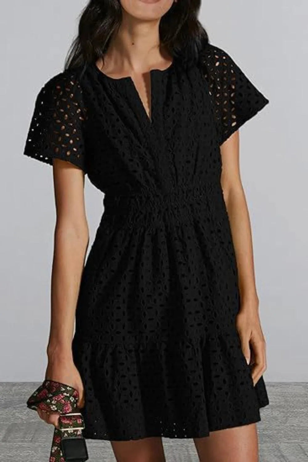 Eyelet Notched Short Sleeve Mini Dress - 6i6