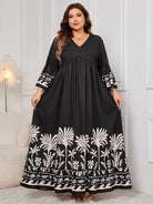 Plus Size Printed V-Neck Long Sleeve Maxi Dress - 6i6