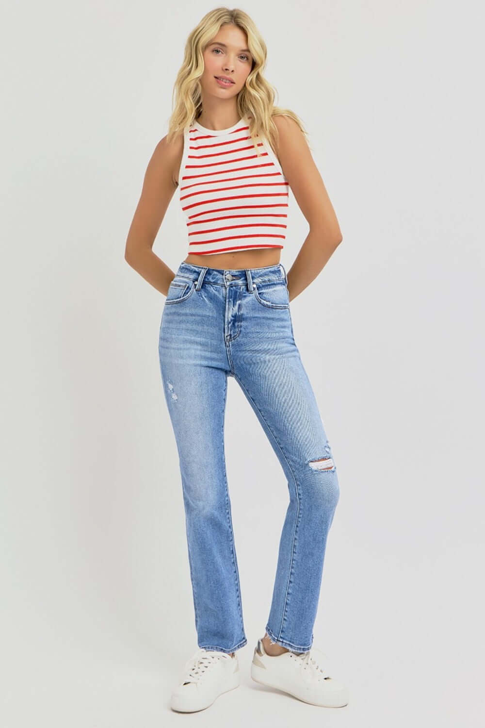 RISEN full-size distressed high-rise ankle straight jeans with a stylish distressed look and a flattering fit, available at 6i6.com