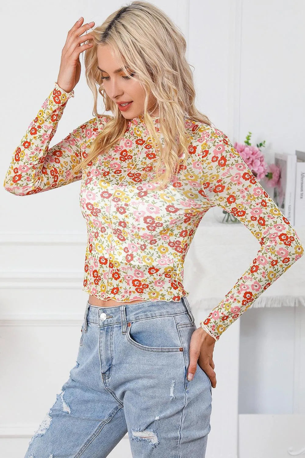 Floral Mock Neck Long Sleeve Blouse - 6i6