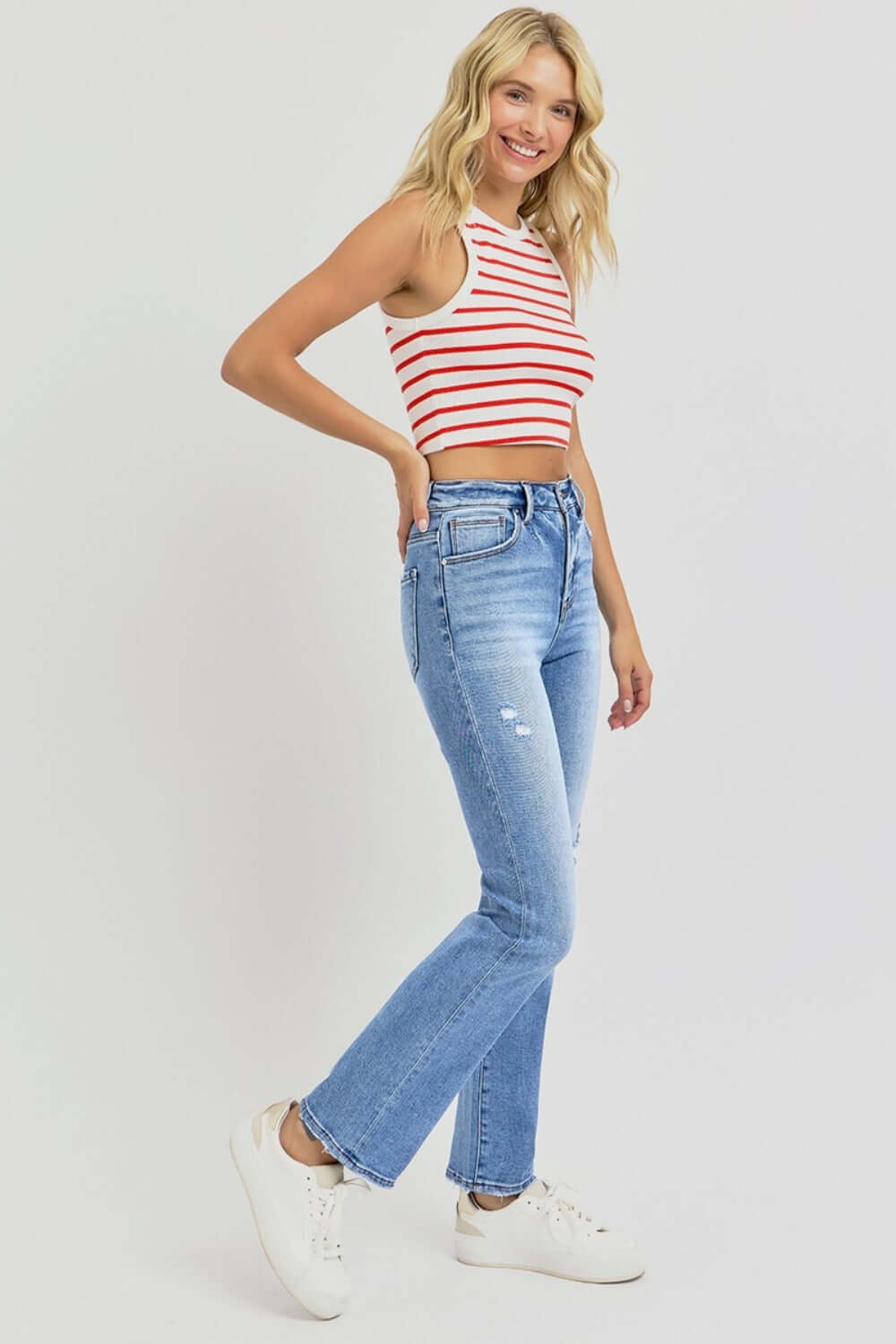 RISEN full-size distressed high-rise ankle straight jeans with a stylish distressed look and a flattering fit, available at 6i6.com