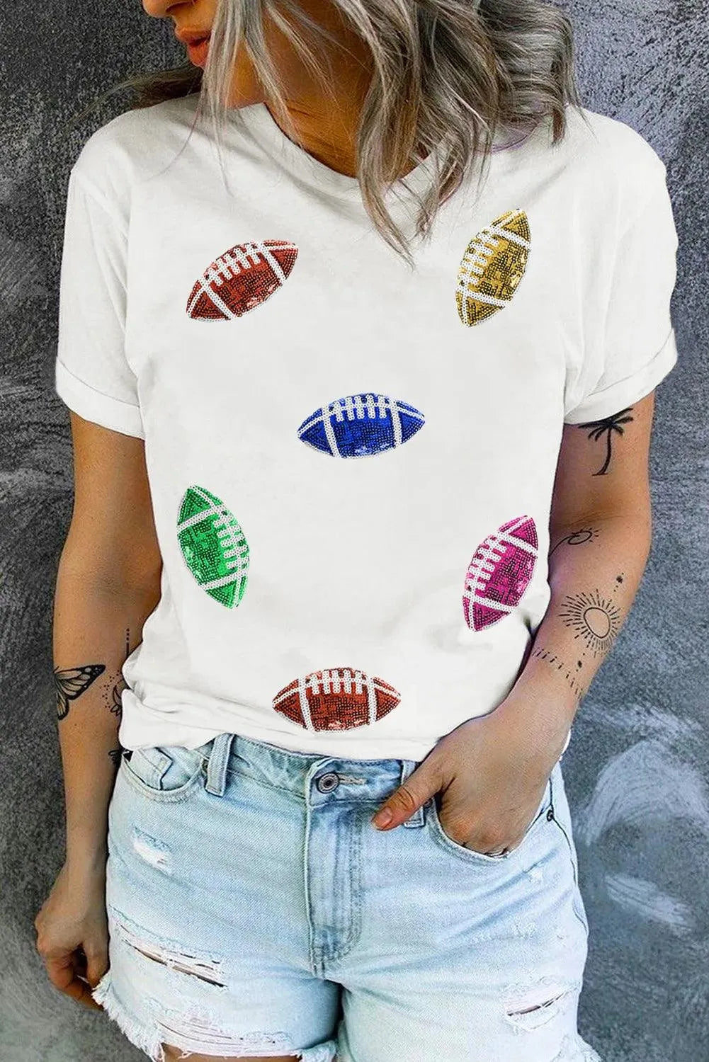 Sequin Football Round Neck Short Sleeve T-Shirt - 6i6