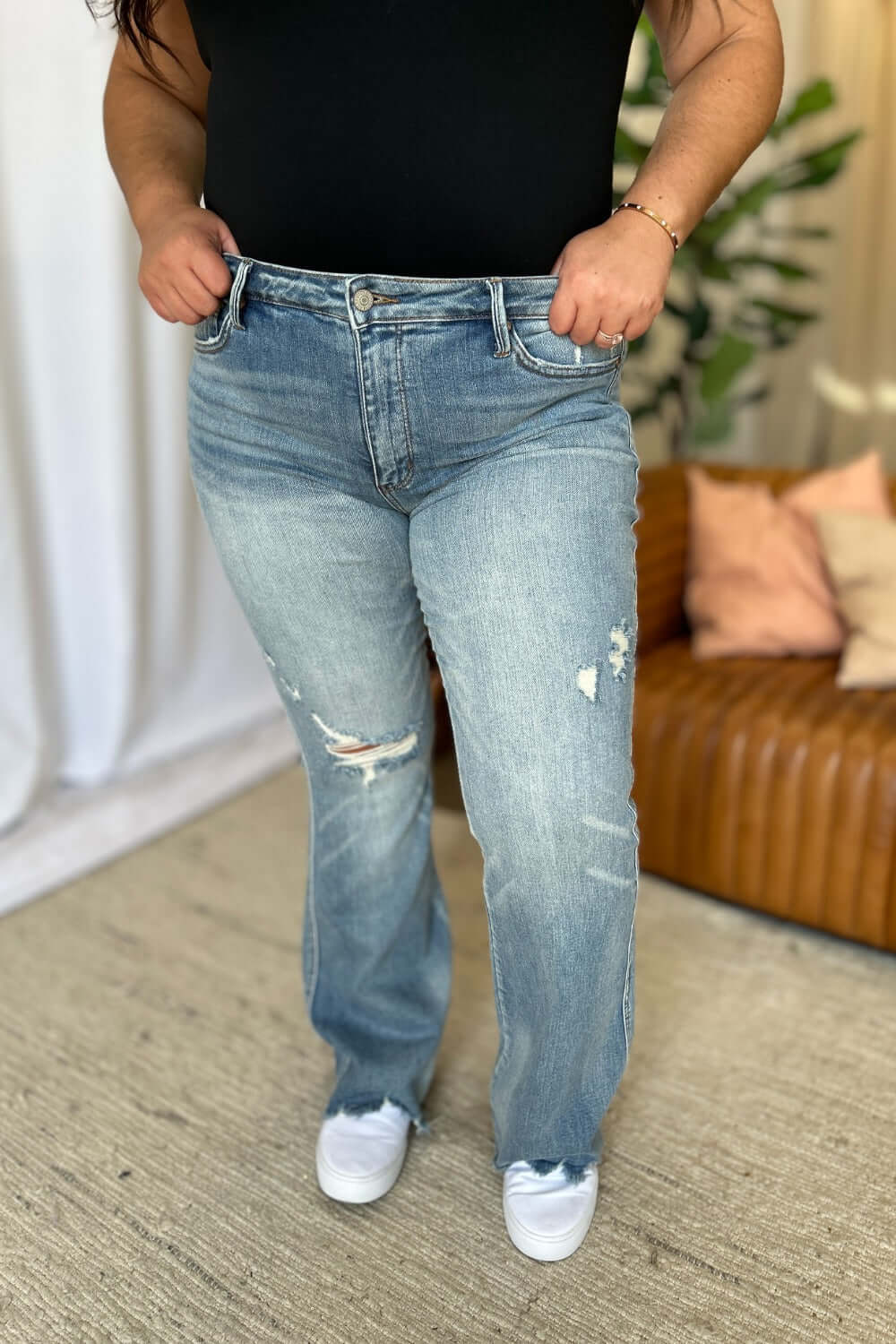 Judy Blue full-size medium rise tummy control destroy flare jeans with a flattering fit and distressed details, available at 6i6.com