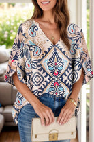 Printed Notched Half Sleeve Blouse - 6i6