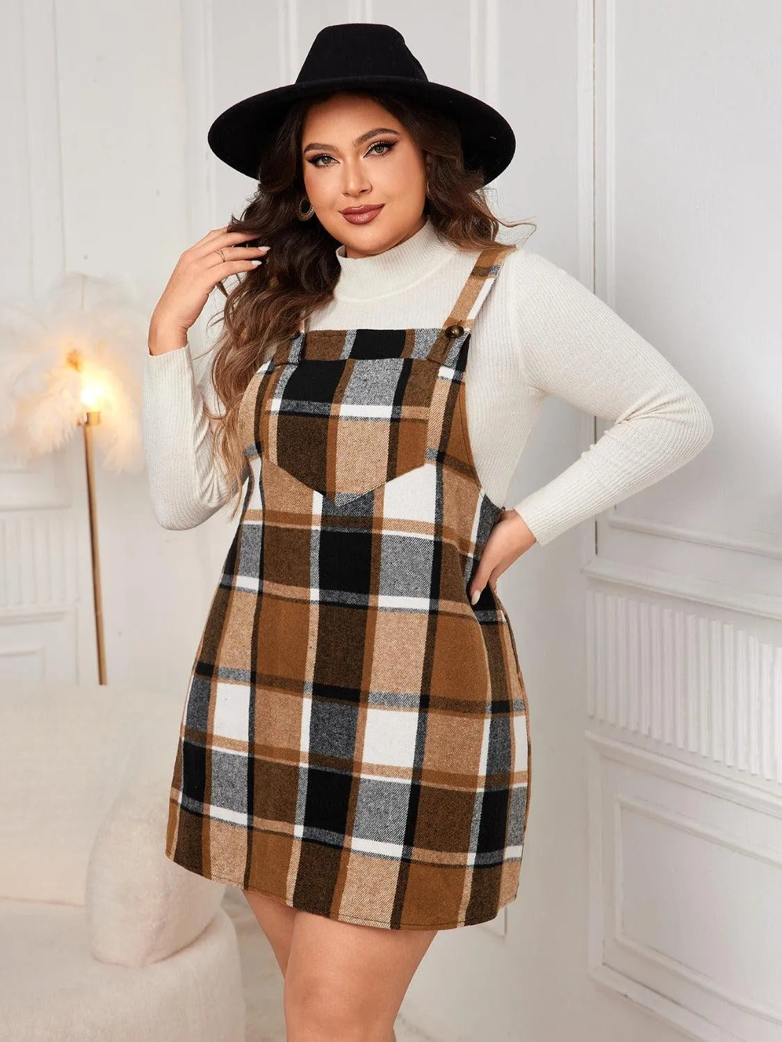 Plus Size Plaid Wide Strap Overall Dress - 6i6