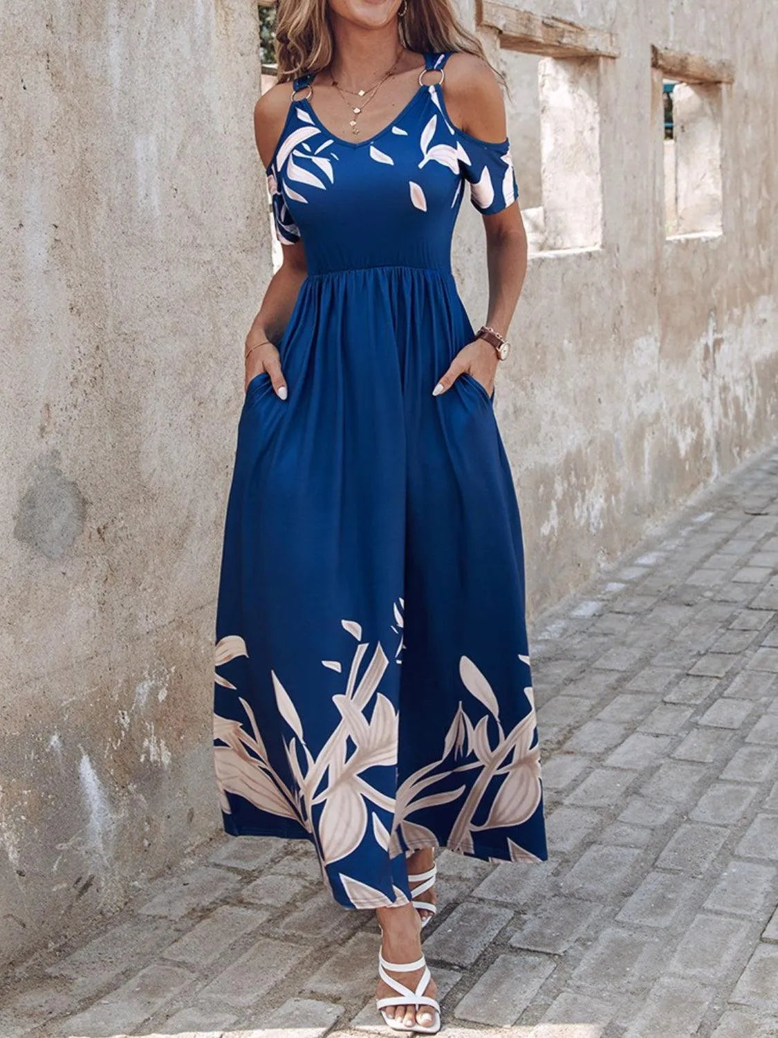 Printed Cold Shoulder Short Sleeve Maxi Dress - 6i6