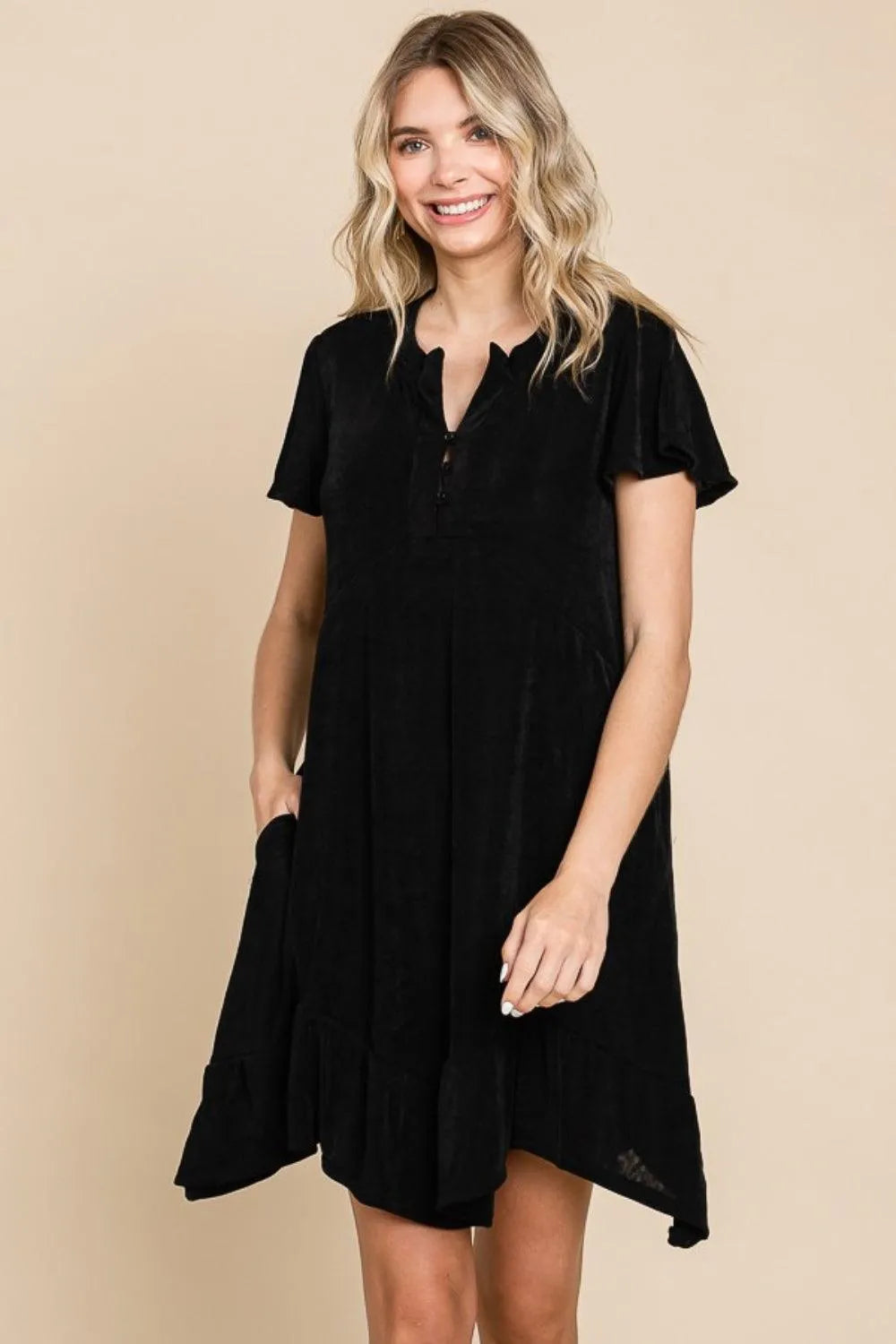 Culture Code Full Size Notched Short Sleeve Dress - 6i6