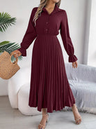 Pleated Half Button Long Sleeve Midi Dress - 6i6