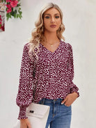 Printed V-Neck Lantern Sleeve Blouse - 6i6