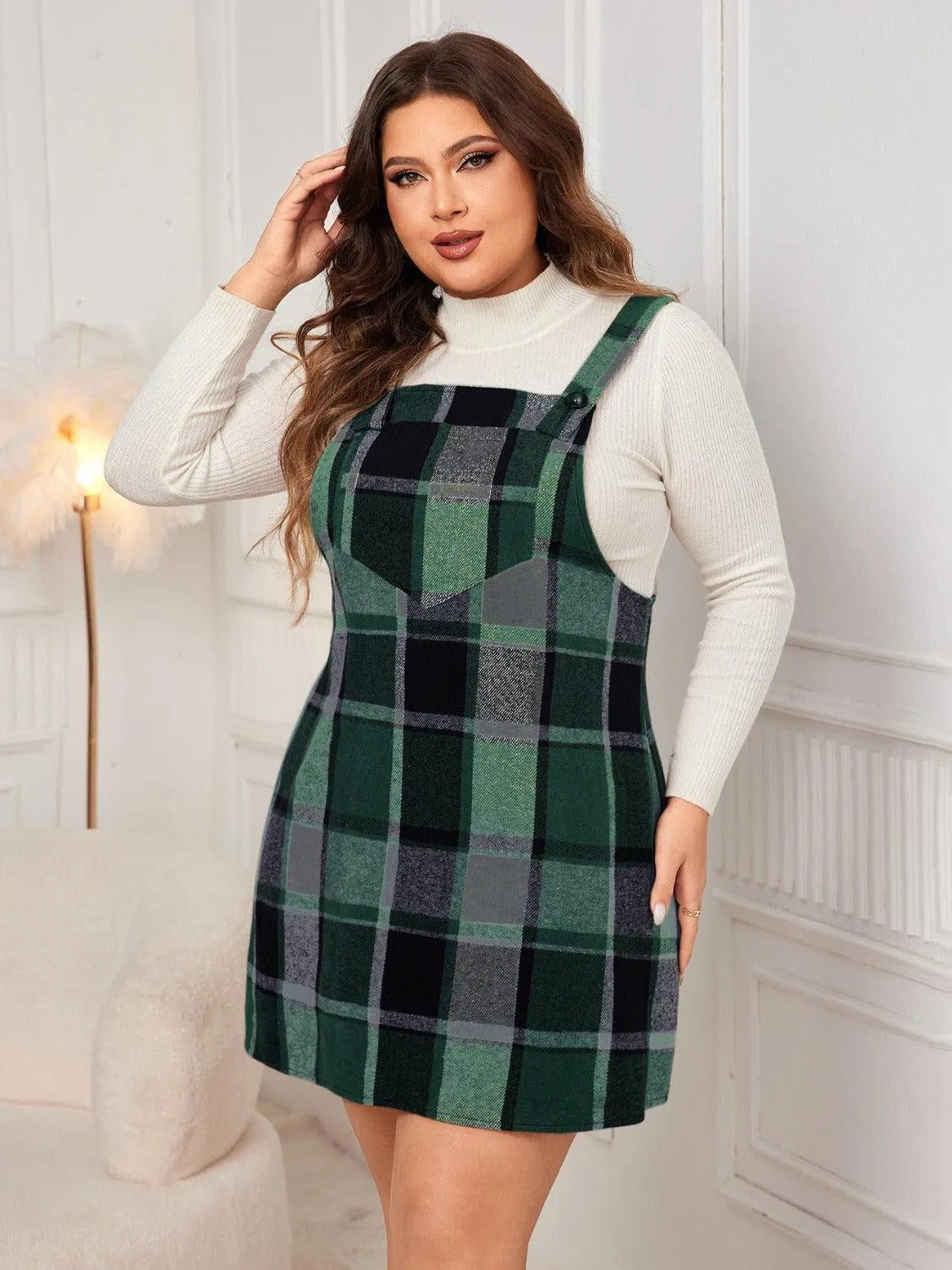 Plus Size Plaid Wide Strap Overall Dress - 6i6