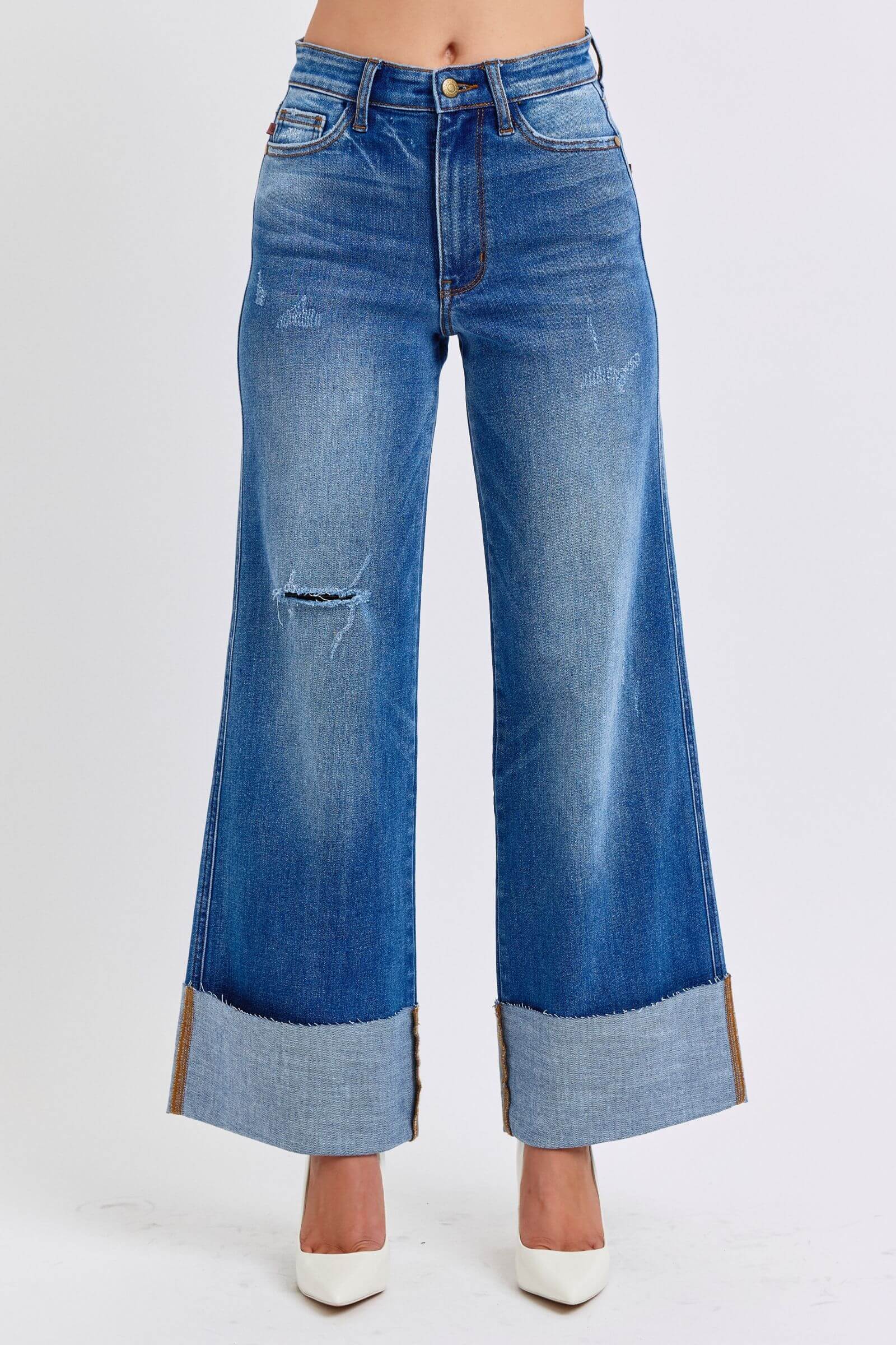 Judy Blue full-size distressed high waist wide leg jeans with a relaxed fit and stylish distressed details, available at 6i6.com