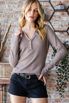 Reborn J Waffle Knit Notched Long Sleeve Top - 6i6