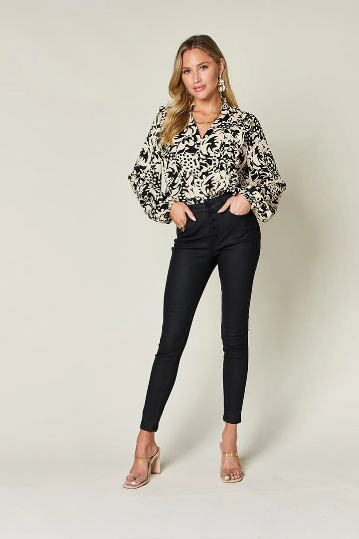 Double Take Full Size Printed Ruffle Trim Balloon Sleeve Shirt - 6i6