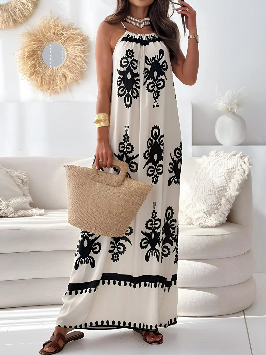 Printed Spaghetti Strap Sleeveless Maxi Dress - 6i6