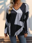 Color Block V-Neck Long Sleeve T-Shirt - 6i6