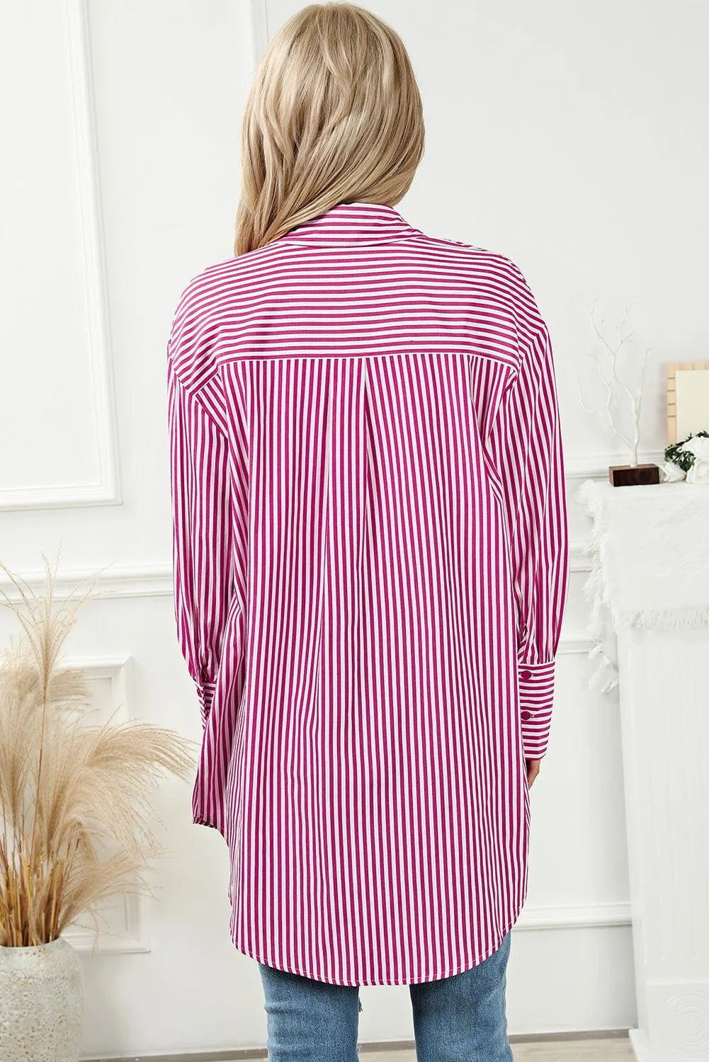 Striped Collared Neck Long Sleeve Shirt - 6i6