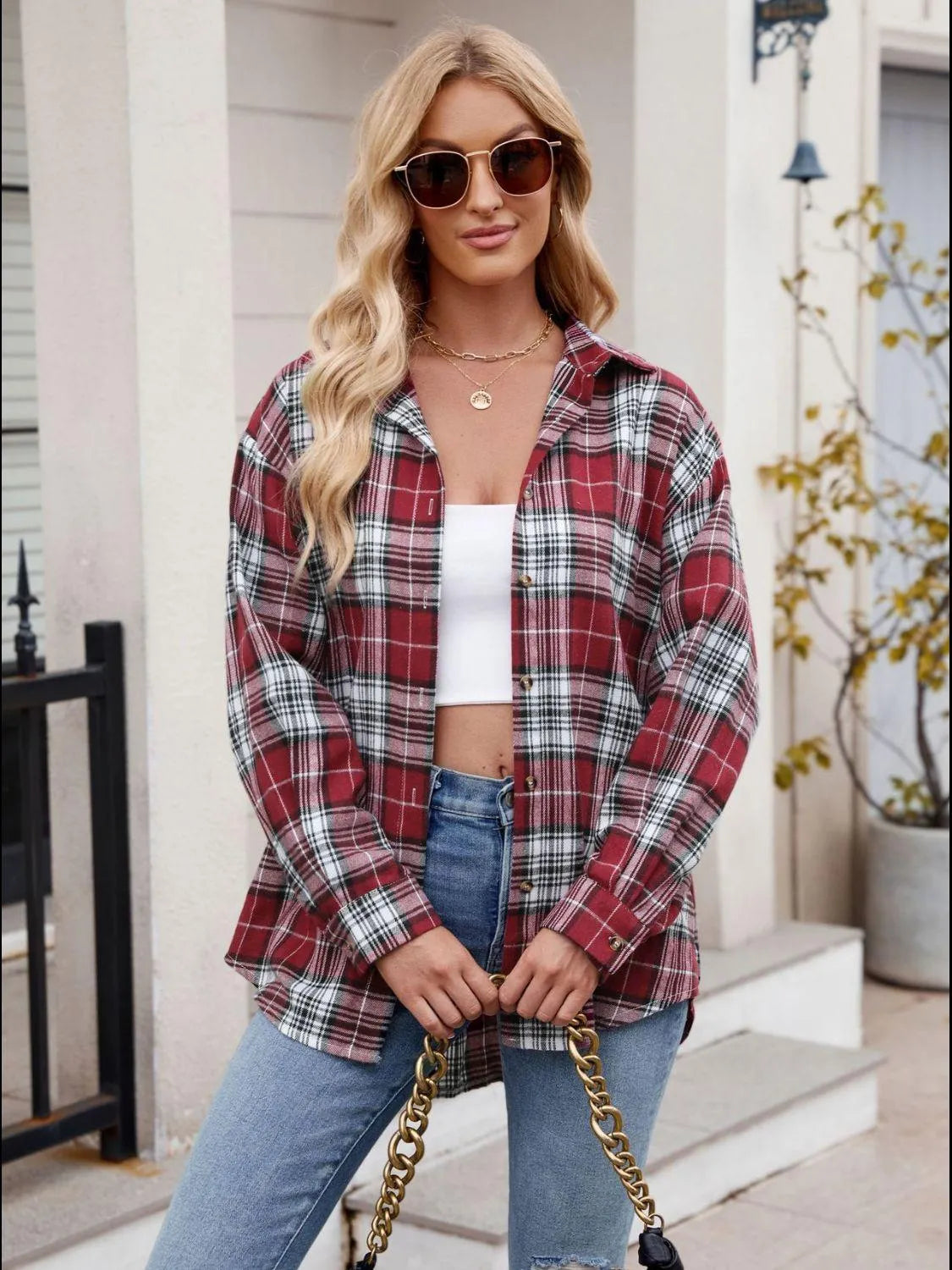 Pocketed Plaid Collared Neck Long Sleeve Shirt - 6i6